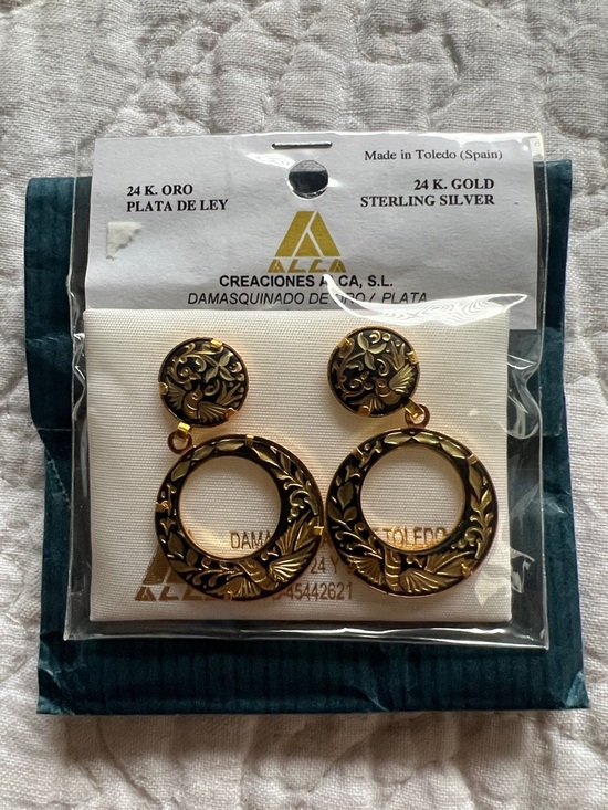 Jewelry - Creaciones Alca 24K Gold Sterling Silver Ornate Hoop Drop Earrings - Gold